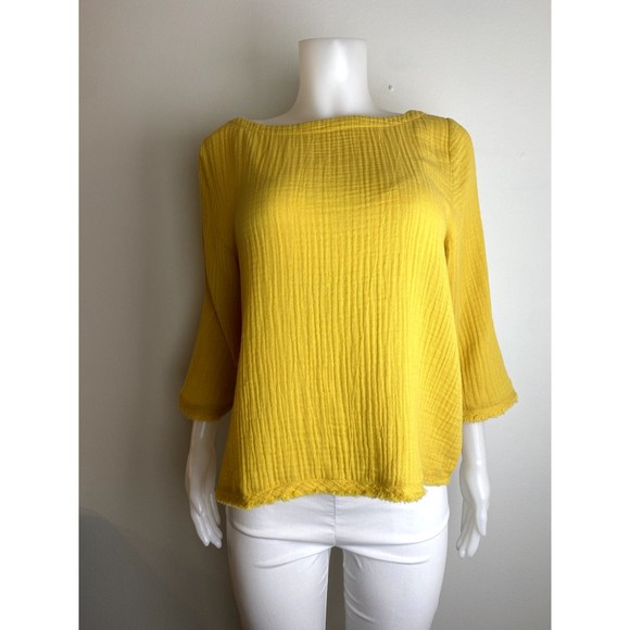 F. Eileen Fisher Organic Cotton Top L Yellow Blouse 3/4 Sleeve NWT $168 - Picture 6 of 11